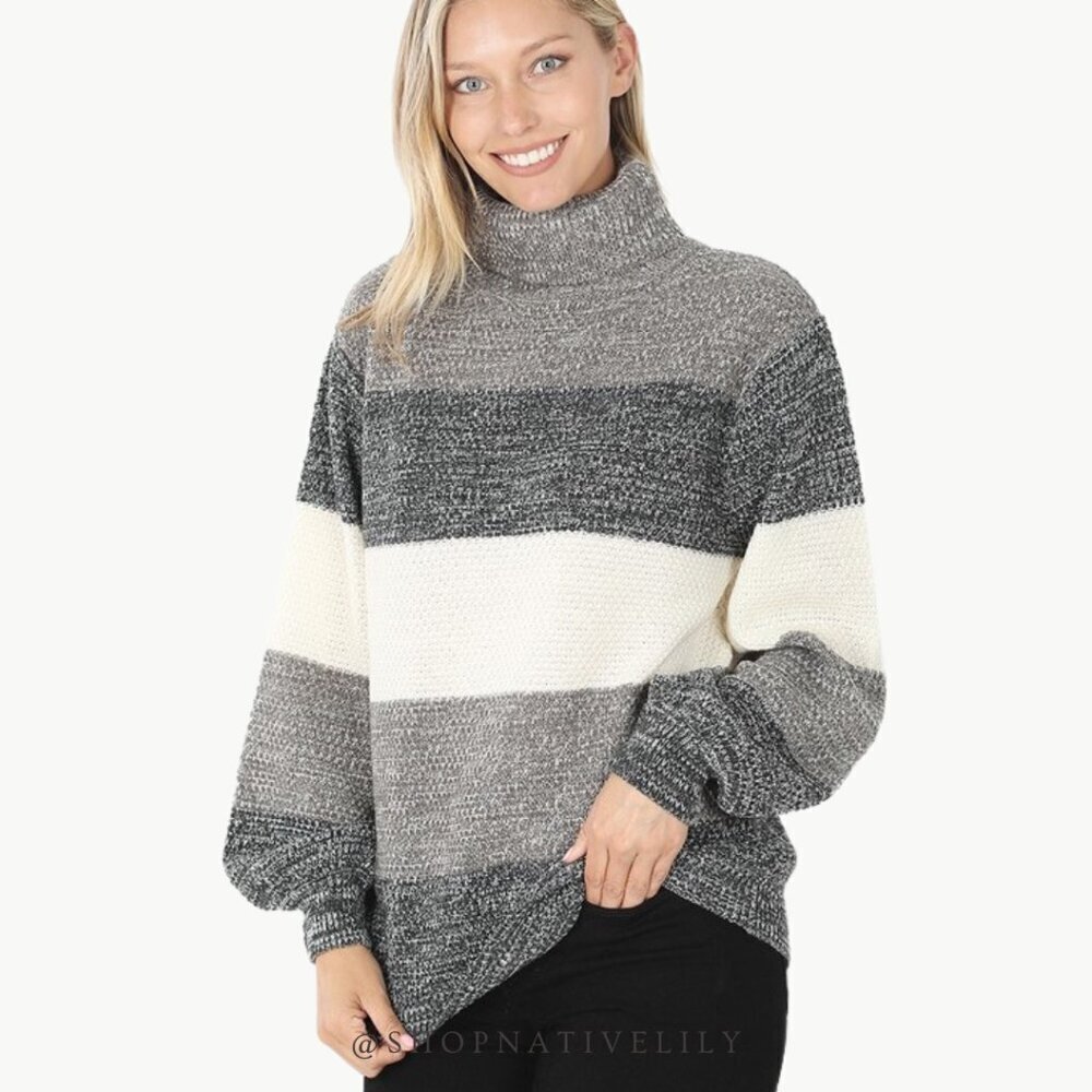 Zenana Outfitters Gray and Cream Striped Turtleneck Sweater